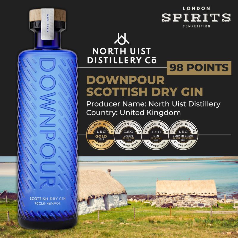 Spirit of the Year: Downpour Scottish Dry Gin by North Uist Distillery at 98 points 