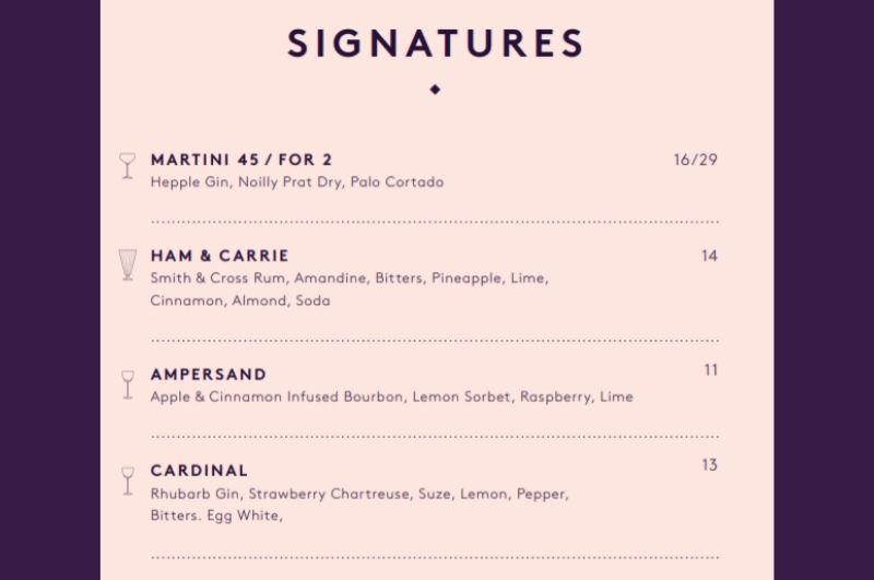 A photo of the Signature Cocktails menu at 45 Jermyn St.